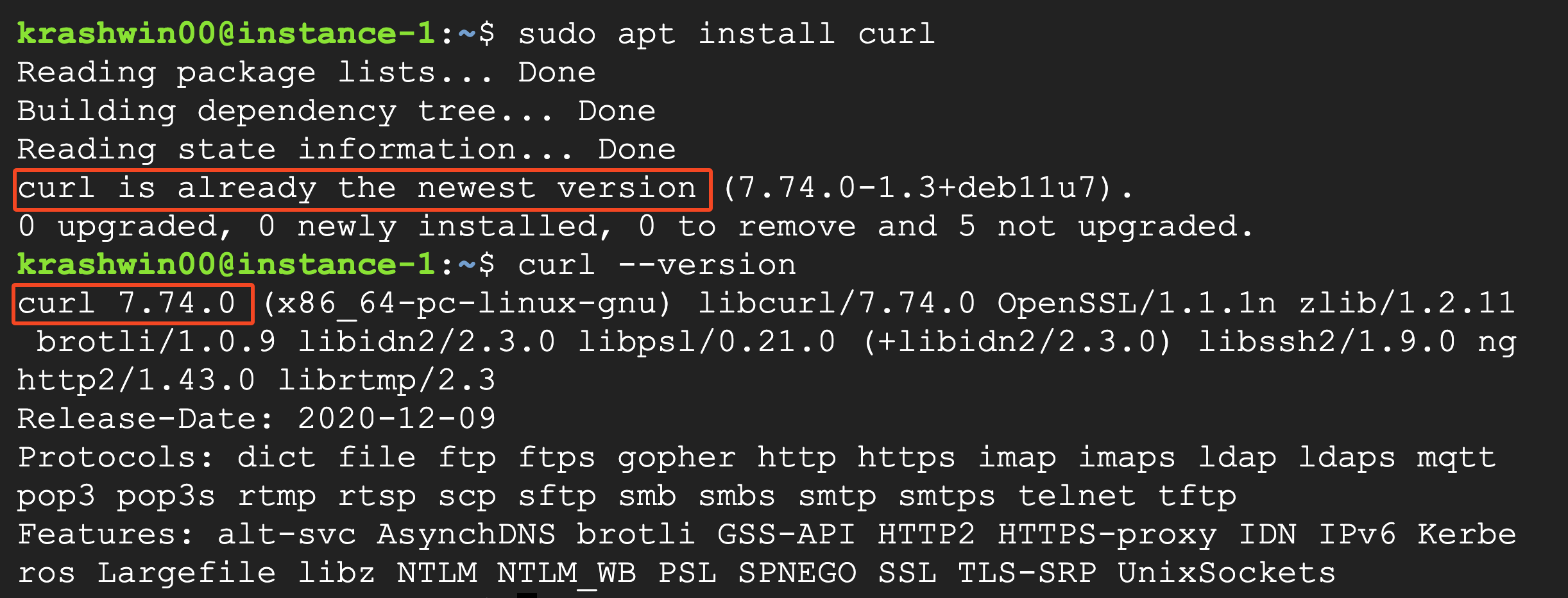apt install curl and curl –version