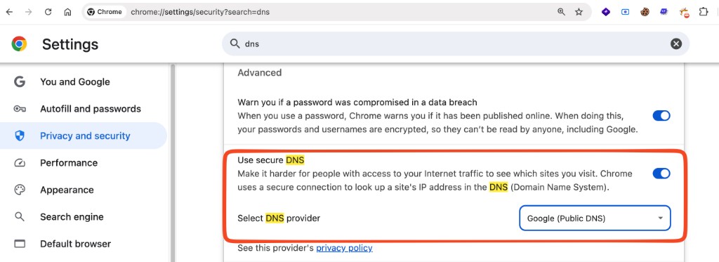 Chrome secure DNS settings